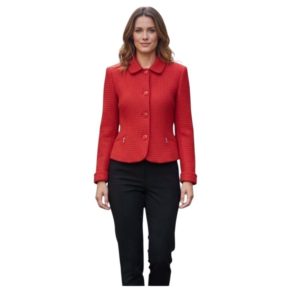First Option Red Tweed Button Blazer Women’s Medium – Classic Style
